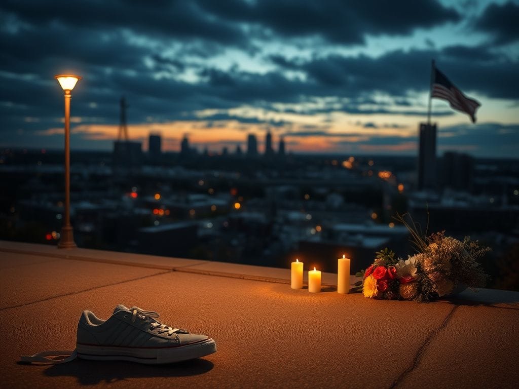Flick International Empty sneakers symbolize loss amidst urban landscape in Minneapolis after Border Patrol shooting