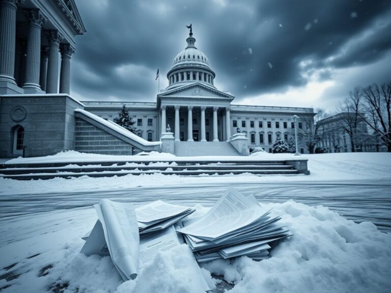 Flick International Exterior view of a government building covered in snow, emphasizing urgency