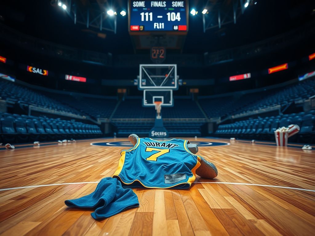 Flick International Dramatic basketball court scene featuring a crumpled jersey with number '7' symbolizing Kevin Durant