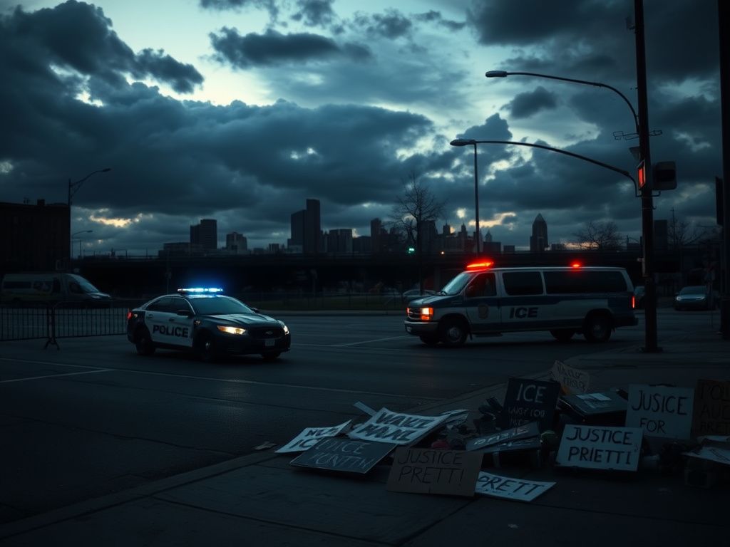 Flick International Urban landscape of Minneapolis at dusk featuring a police car and an ICE vehicle at a tense intersection