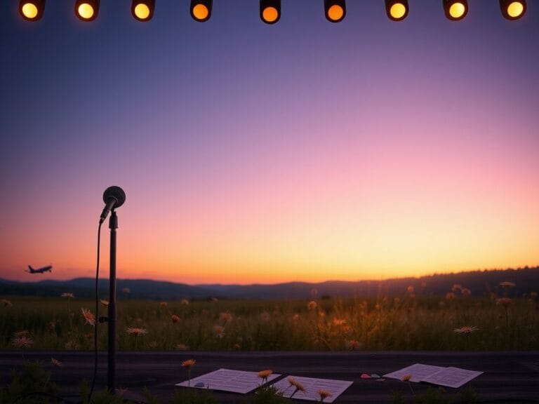 Flick International Serene landscape of a country music stage set under a twilight sky