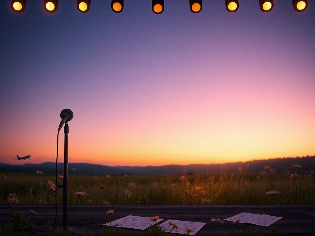 Flick International Serene landscape of a country music stage set under a twilight sky