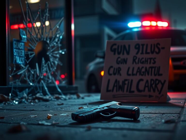 Flick International 9mm handgun on the ground amid shattered glass and debris in a dimly lit urban environment