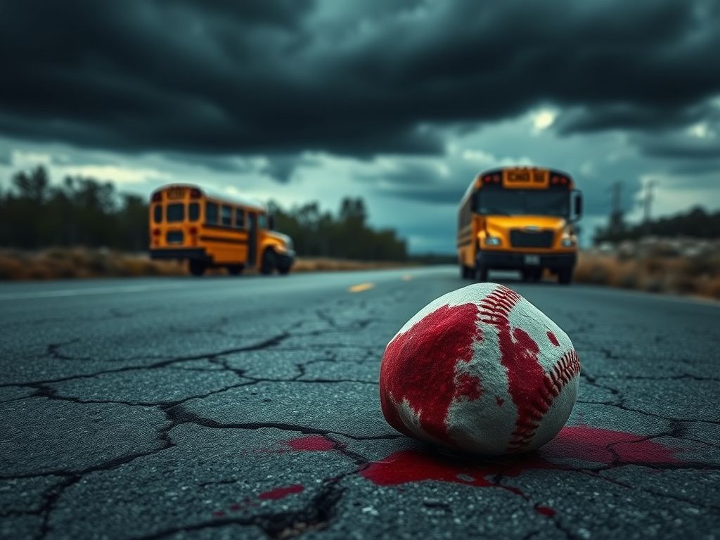 Flick International a dark, cracked asphalt road with a damaged school bus and a large rock nearby