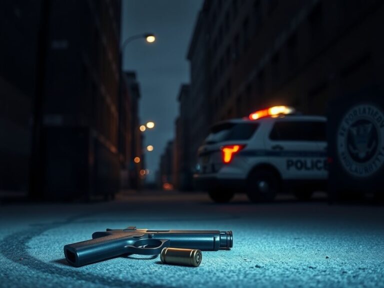 Flick International Dark alleyway in Minneapolis with discarded 9mm handgun and police vehicle outline