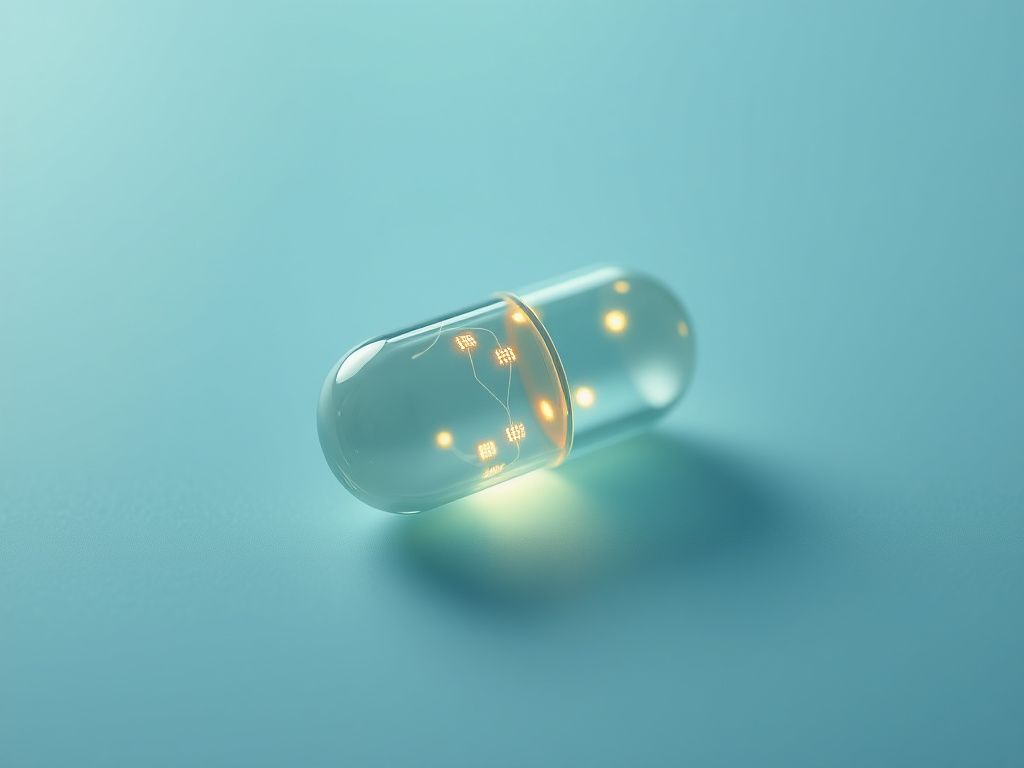 Flick International Close-up view of a translucent biodegradable smart pill with glowing antennas