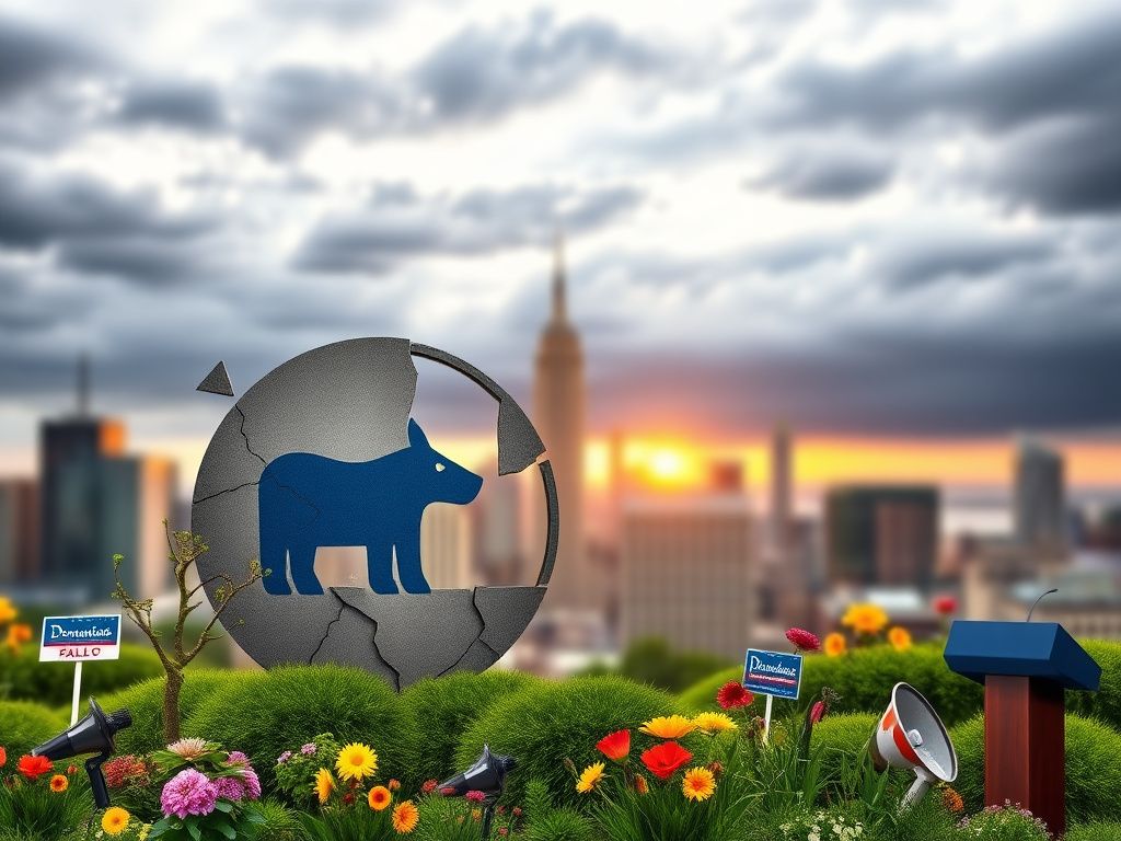 Flick International A cracked Democratic Party logo surrounded by vibrant imagery symbolizing renewal.