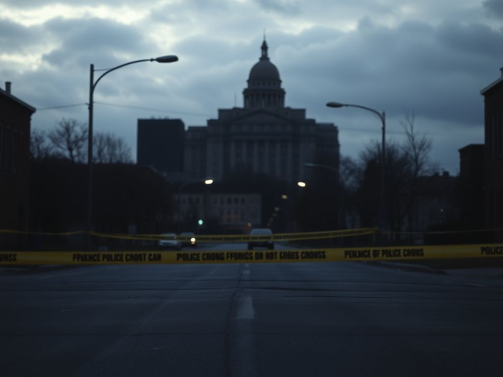 Flick International Dimly lit empty street in Minneapolis after a police-related shooting with police tape and evidence markers