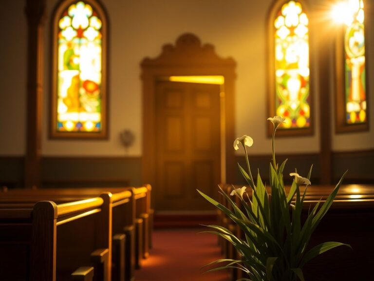 Flick International Serene interior of a church sanctuary with sunlight filtering through stained glass windows