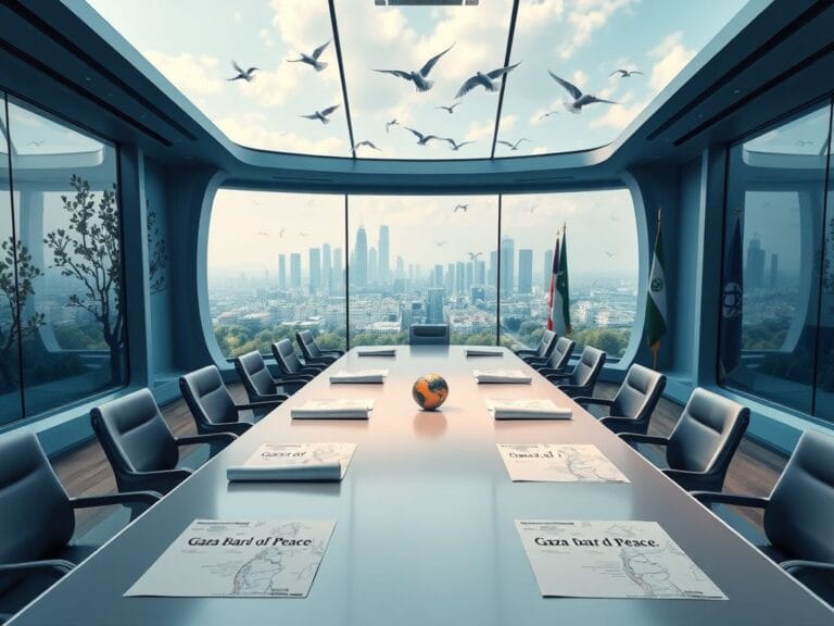Flick International High-angle view of a futuristic boardroom set for an international peace meeting