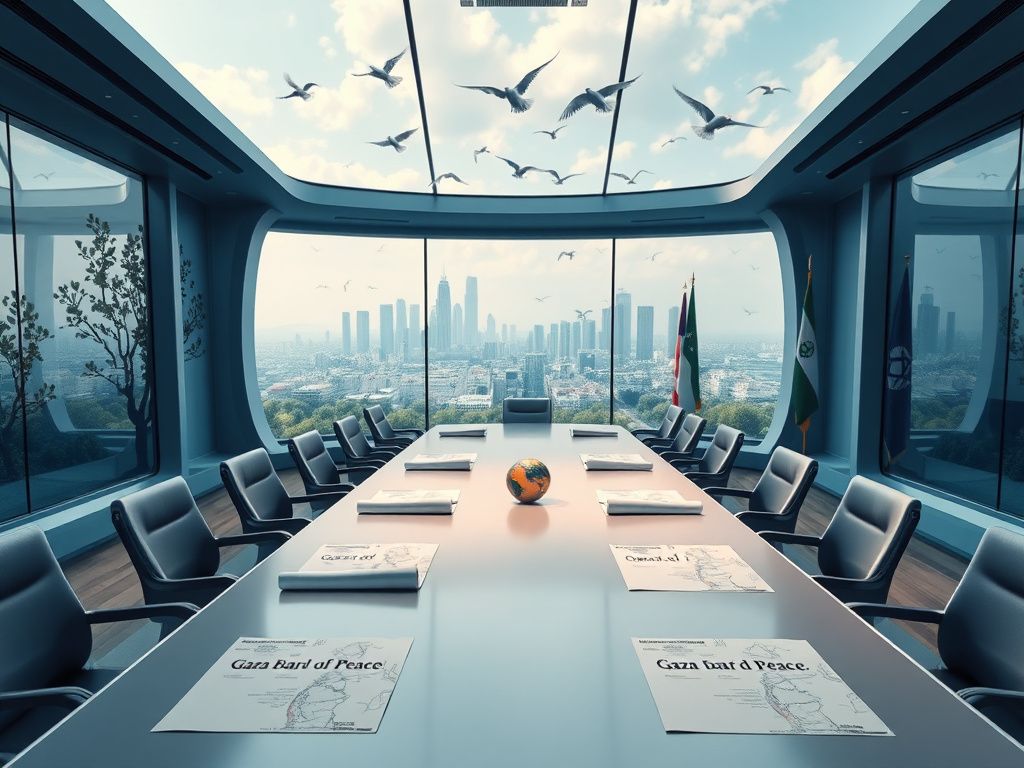 Flick International High-angle view of a futuristic boardroom set for an international peace meeting