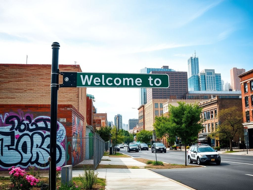 Flick International Urban landscape of Baltimore with a 'Welcome to Baltimore' sign against a graffiti backdrop