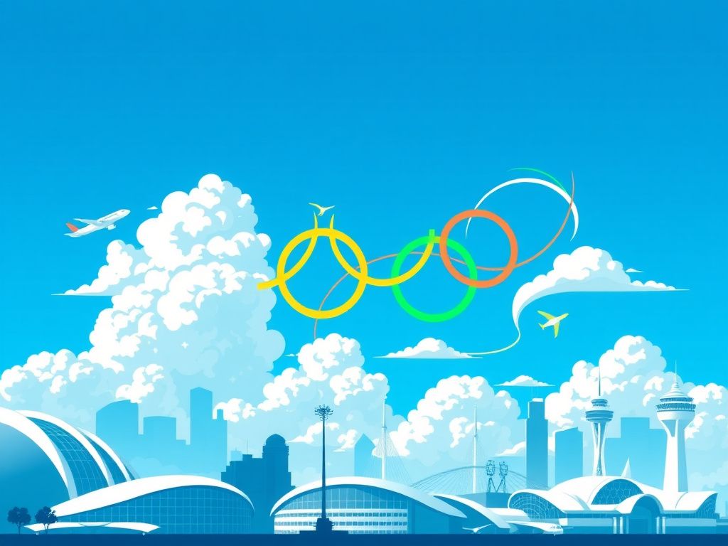 Flick International A dynamic composition of iconic airport architecture and Olympic motifs.