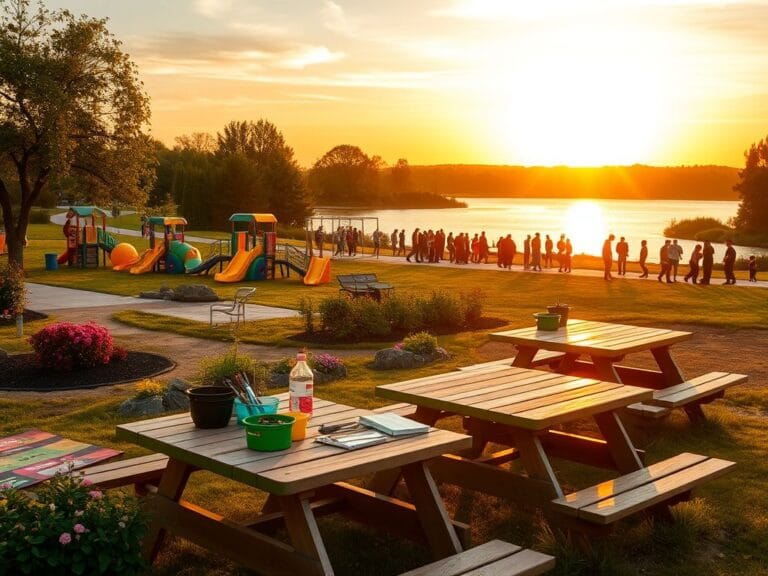 Flick International A vibrant community park scene during golden hour featuring volunteers engaging in a community garden project