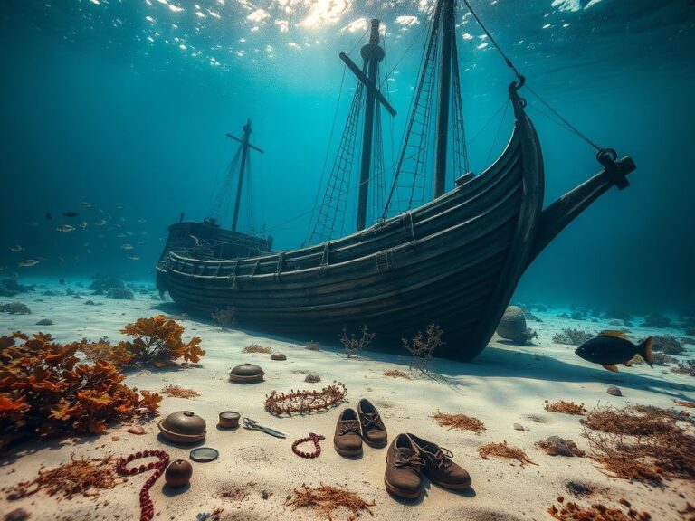 Flick International A partially submerged medieval cog ship, revealing its wooden hull and preserved rigging
