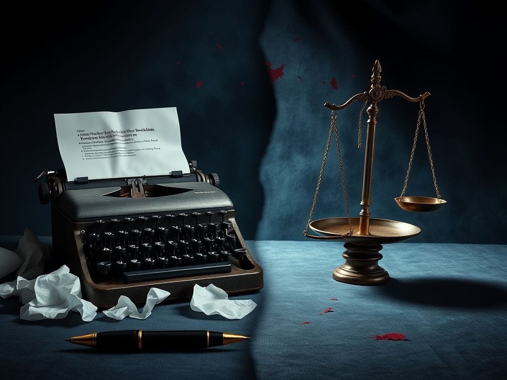 Flick International A dramatic representation of political tension with a typewriter and ancient scale