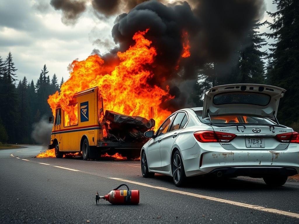 Flick International Fiery mail truck engulfed in flames on roadside with thick smoke
