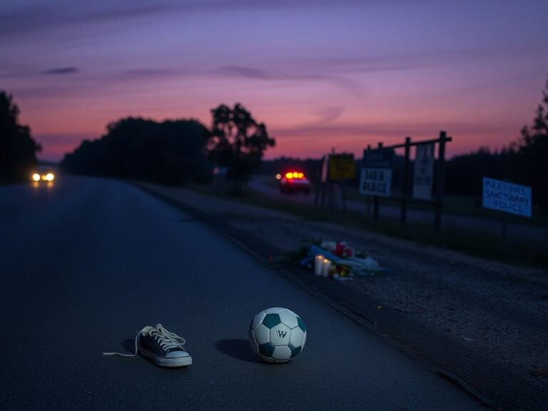 Flick International Abandoned soccer ball and shoes at a roadside memorial symbolizes loss of life in a tragic accident