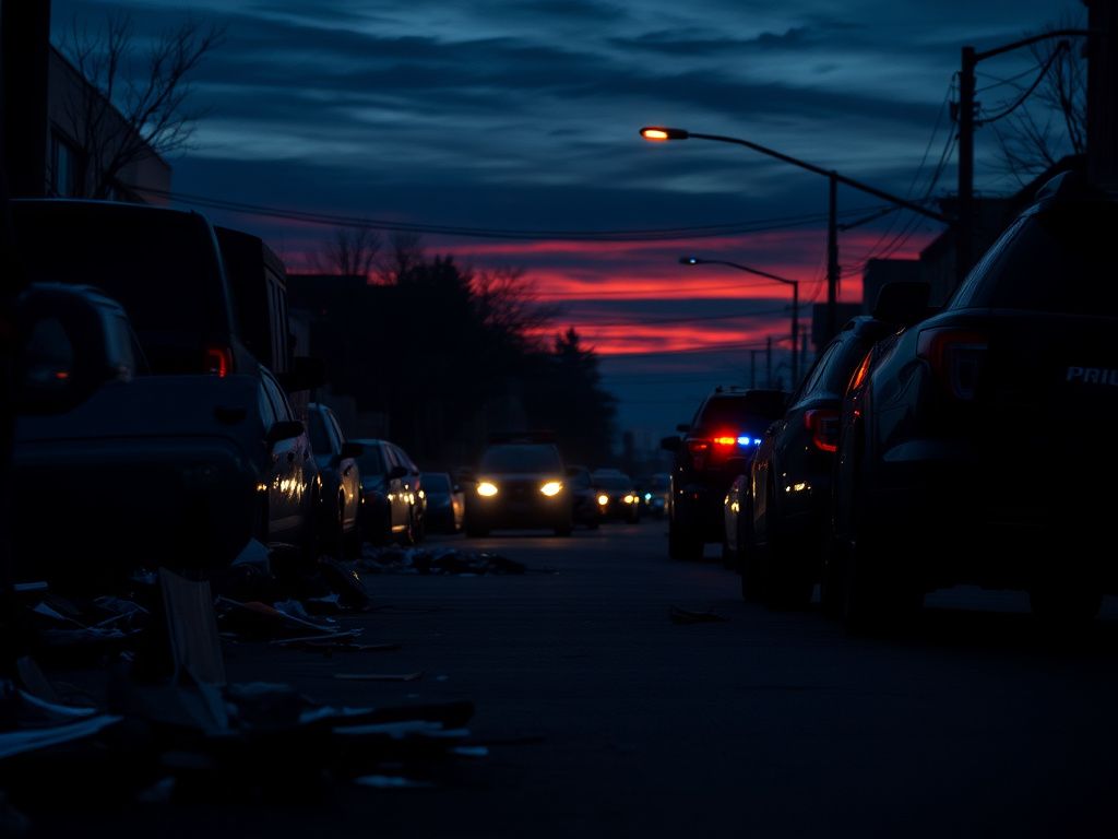 Flick International A tense urban landscape in Minneapolis at dusk with dark SUVs and scattered protest debris