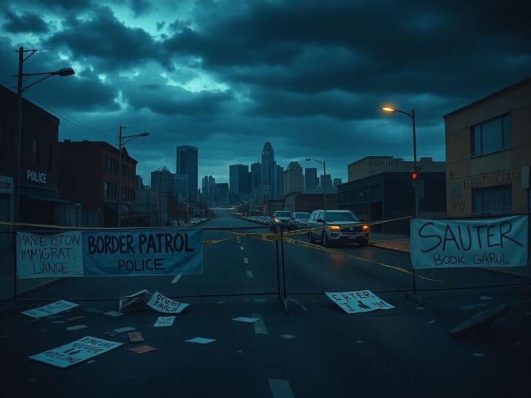 Flick International Somber scene of Minneapolis with police barricade and caution tape symbolizing unrest