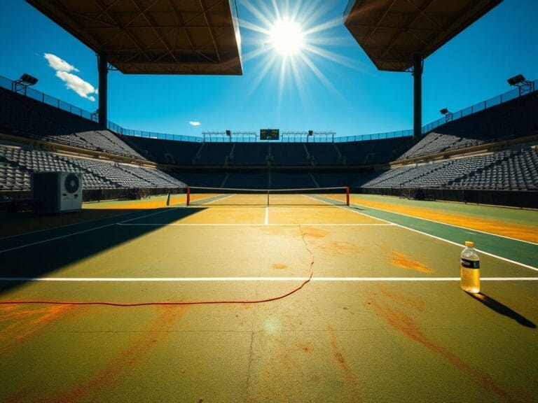 Flick International Dramatic tennis scene showing Jannik Sinner battling extreme heat at the Australian Open under a bright sun
