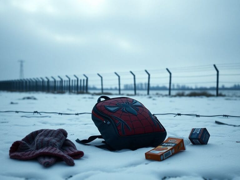 Flick International Abandoned Spider-Man backpack in the snow symbolizing immigration issues