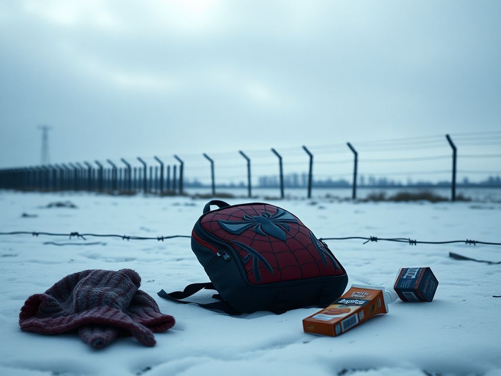 Flick International Abandoned Spider-Man backpack in the snow symbolizing immigration issues