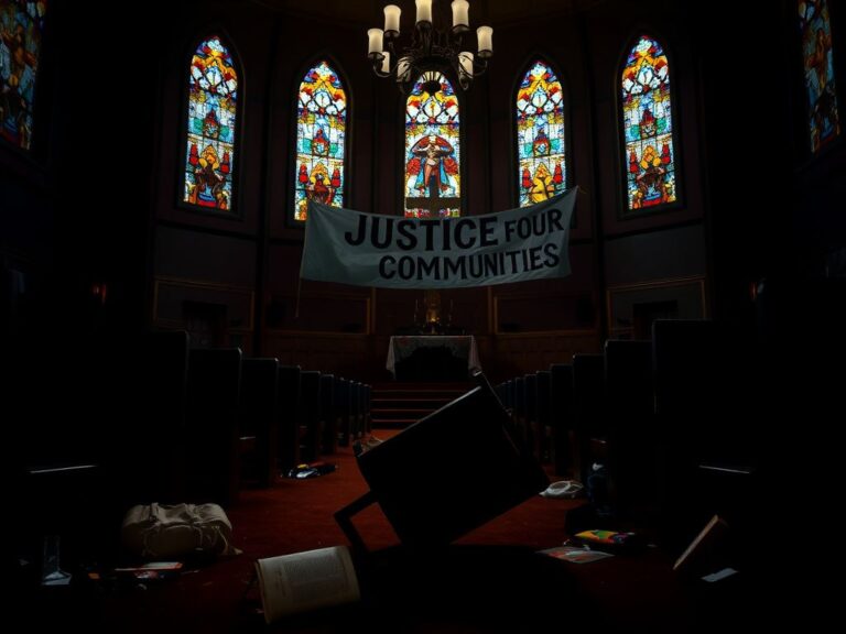 Flick International Interior of a church with empty pews and scattered belongings after a chaotic event