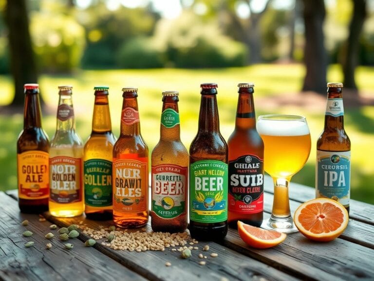 Flick International A collection of colorful non-alcoholic beer bottles and glasses elegantly displayed on a rustic wooden picnic table