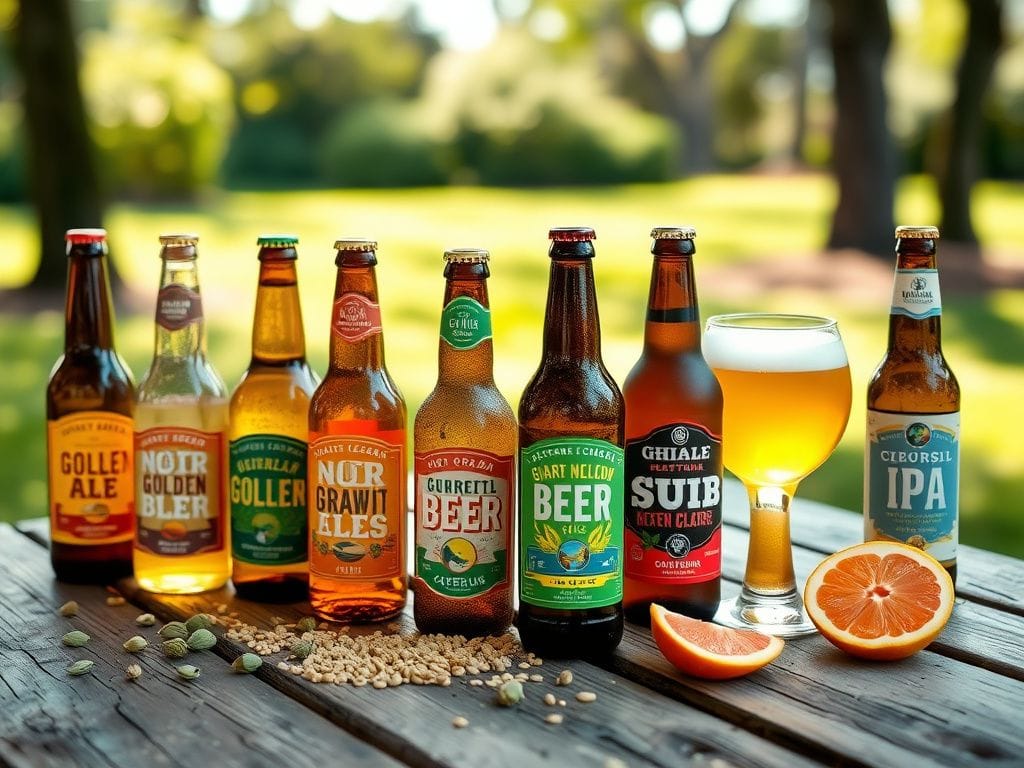 Flick International A collection of colorful non-alcoholic beer bottles and glasses elegantly displayed on a rustic wooden picnic table