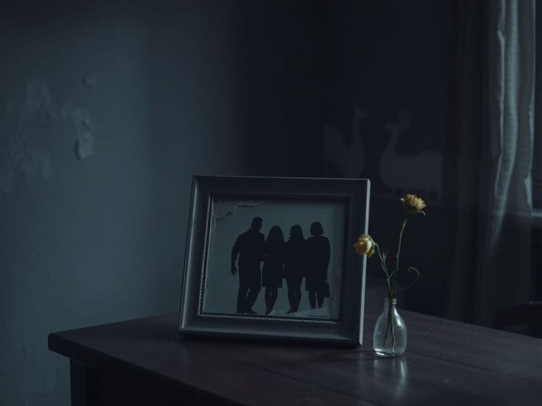 Flick International Broken family photo frame on a wooden table representing estrangement