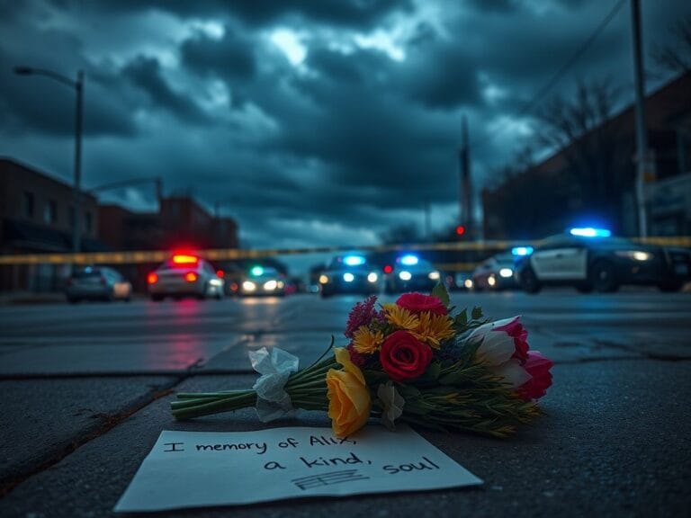 Flick International Police barricade illuminated by flashing lights with fallen flowers in memory of Alex Pretti