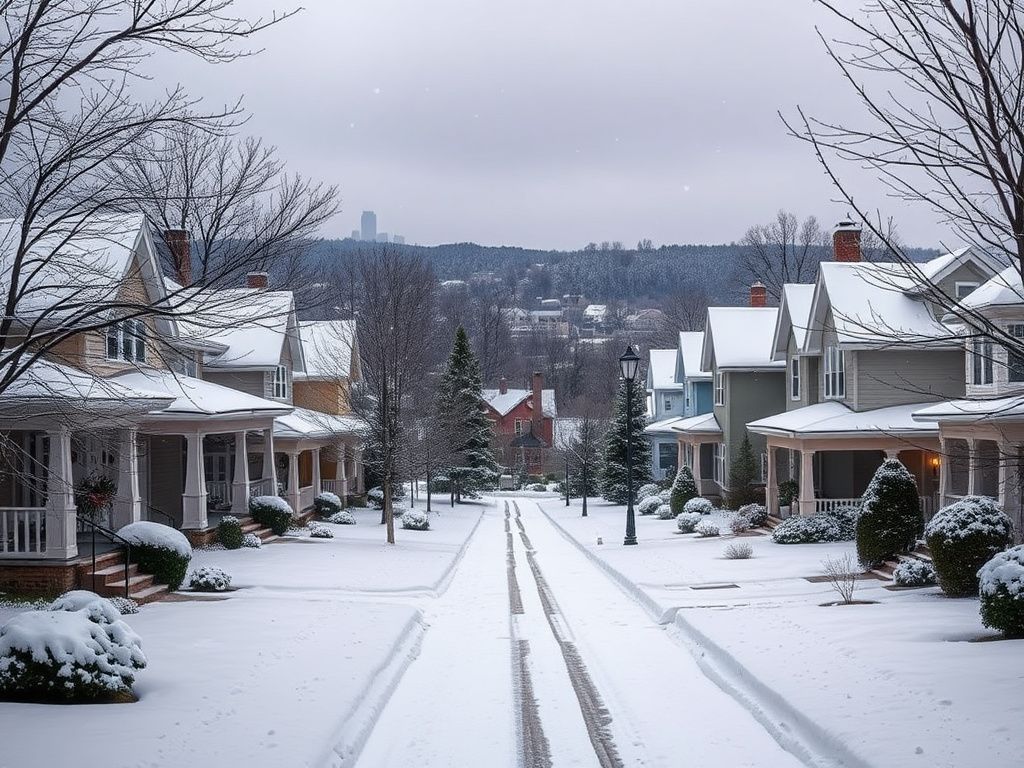 Flick International Serene winter scene in Mt. Lebanon, Pittsburgh, showcasing charming snow-covered homes and a snowy neighborhood.