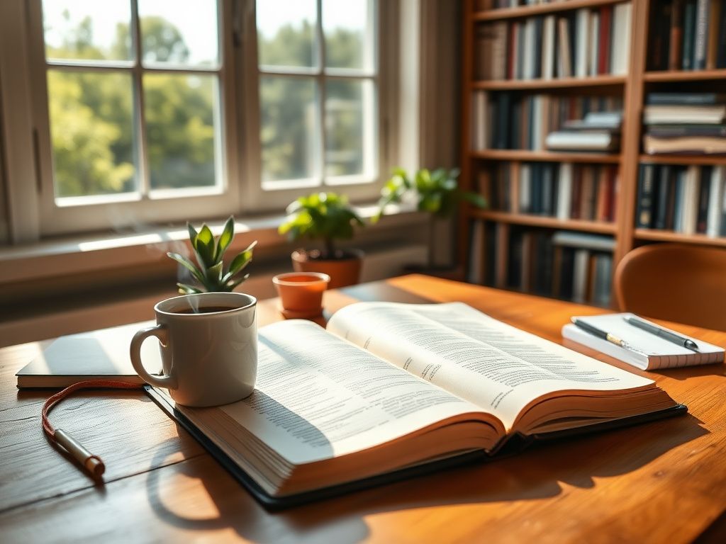 Flick International A serene study space featuring an open Bible on a wooden table with soft morning light.