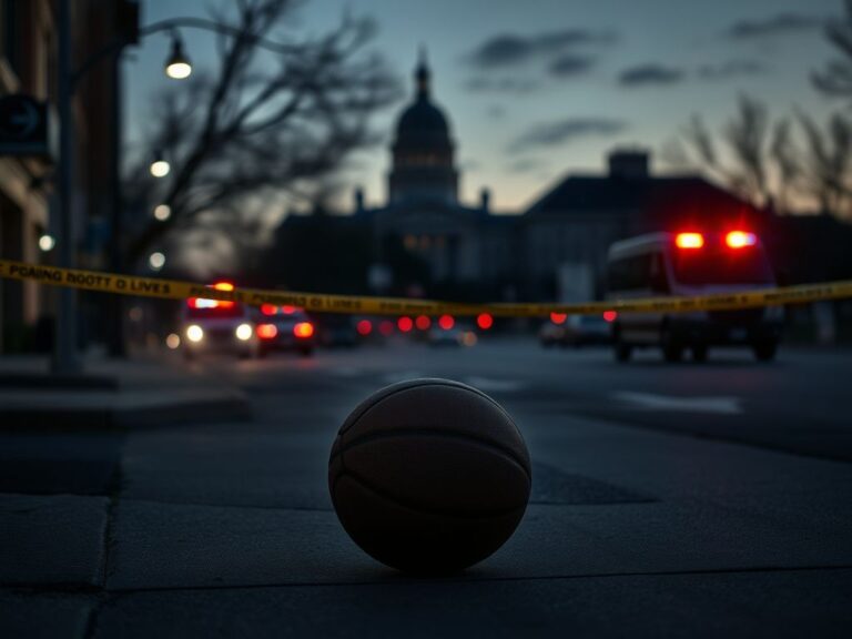 Flick International Somber urban landscape in Minnesota with police tape and a basketball symbolizing community impact