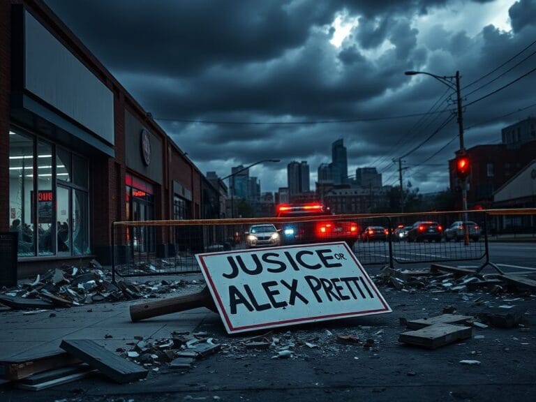 Flick International Urban scene depicting aftermath of unrest in Minneapolis with debris and an overturned protest sign.