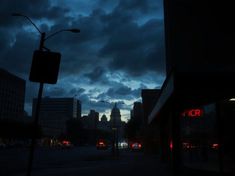 Flick International Urban skyline of Minneapolis at dusk, with stormy clouds and a broken street sign symbolizing chaos.