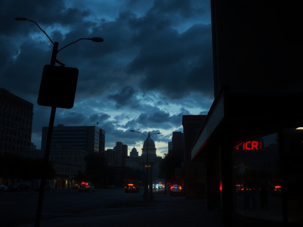 Flick International Urban skyline of Minneapolis at dusk, with stormy clouds and a broken street sign symbolizing chaos.