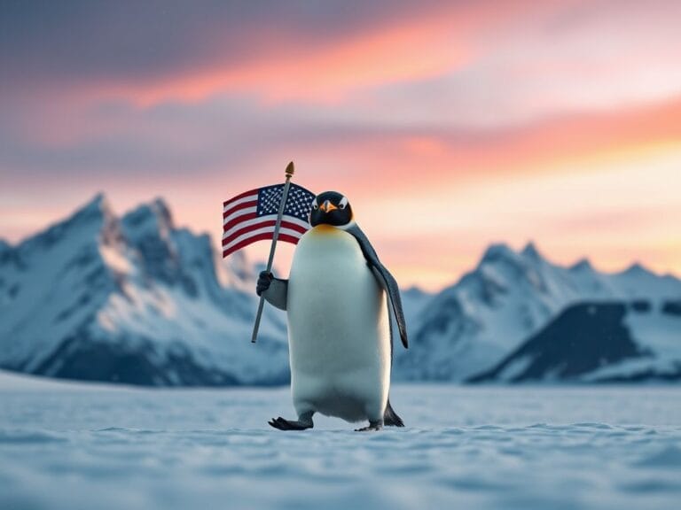 Flick International A majestic penguin alone in a snow-covered landscape holding an American flag