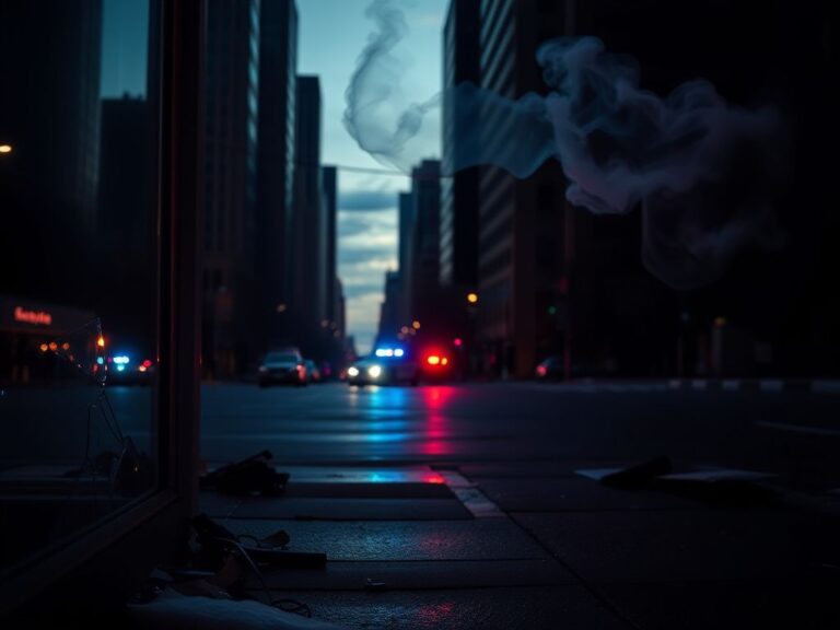 Flick International Somber urban street in Minneapolis at dusk with shattered glass and emergency lights