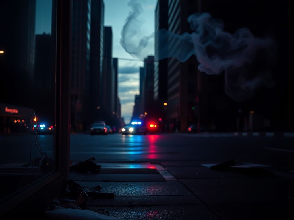 Flick International Somber urban street in Minneapolis at dusk with shattered glass and emergency lights