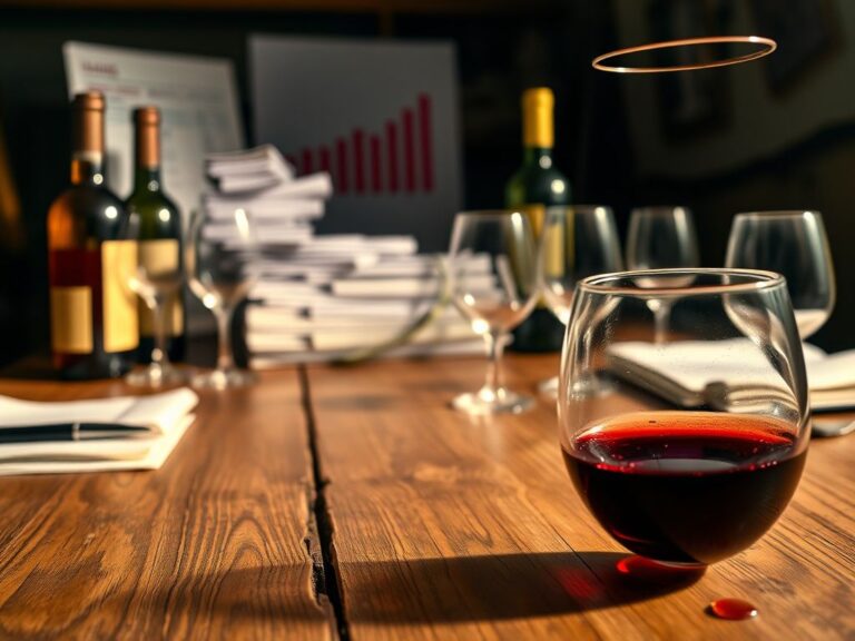 Flick International Close-up of a vintage wooden table set with assorted wine bottles and glasses, symbolizing the wine industry and financial scrutiny.