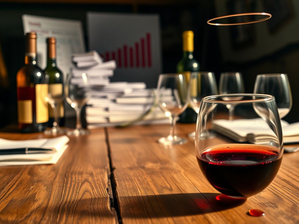 Flick International Close-up of a vintage wooden table set with assorted wine bottles and glasses, symbolizing the wine industry and financial scrutiny.