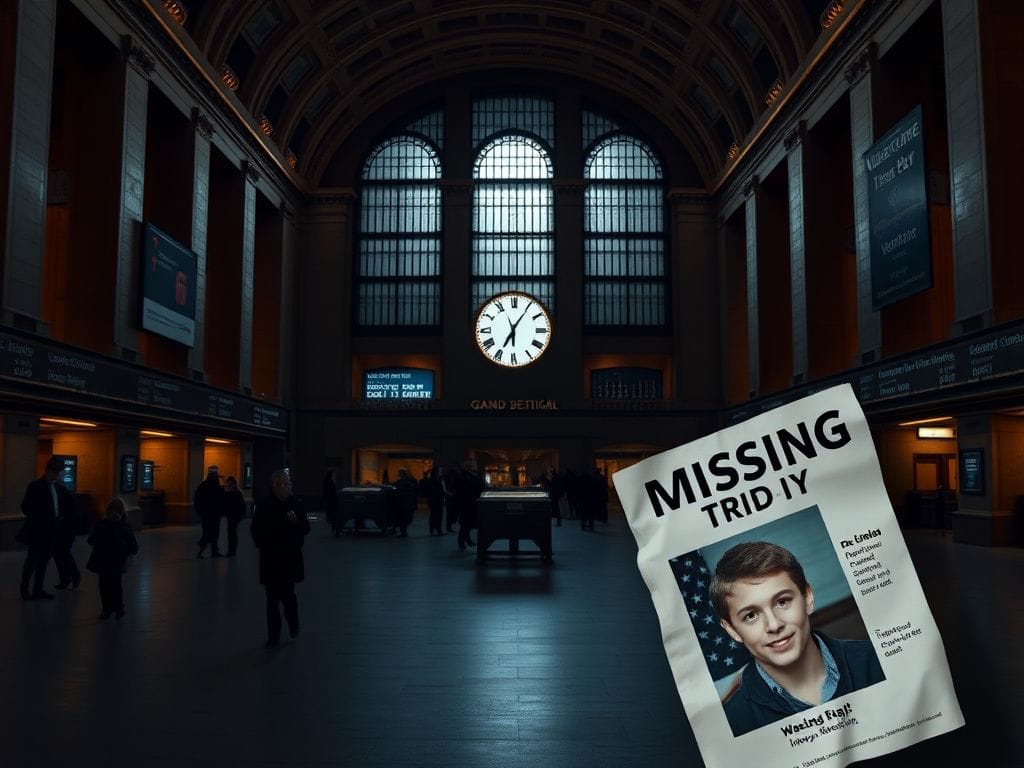 Flick International Desolate scene inside Grand Central Station showing stunning architecture with a crumpled 'Missing' flyer in the corner