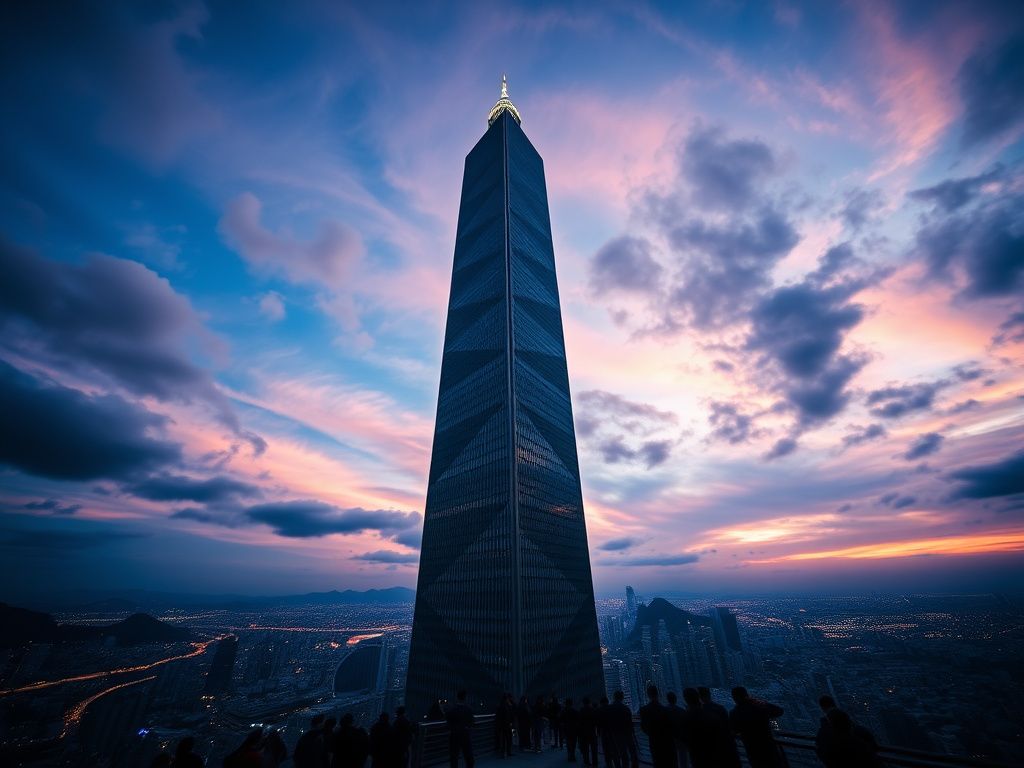 Flick International Dramatic view of Taipei 101 skyscraper with bamboo boxes against a vibrant evening sky