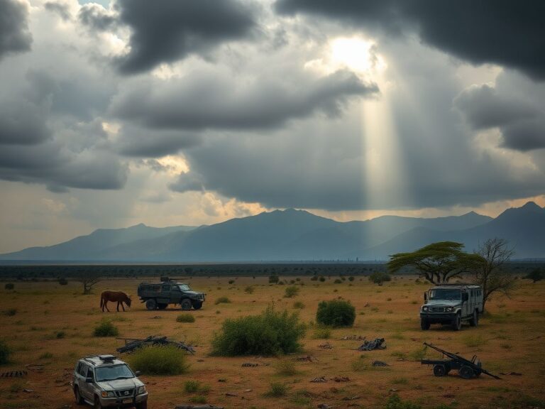 Flick International A dramatic Nigerian landscape with remnants of military equipment amidst a vast savanna under dark clouds.