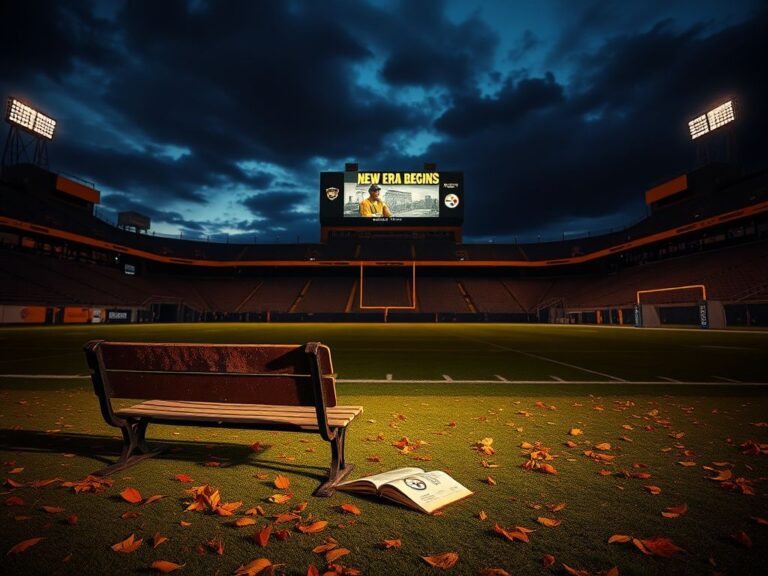 Flick International Empty football stadium at dusk with Steelers colors and weathered bench