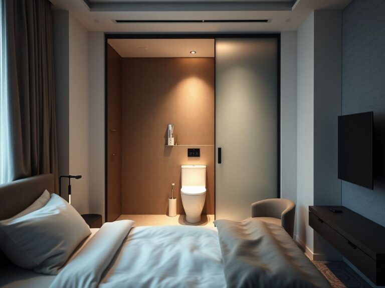 Flick International Modern hotel room with open bathroom design featuring frosted glass panel