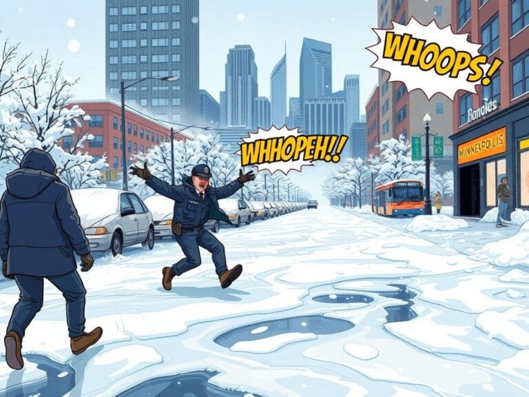 Flick International A humorous scene of an ICE agent slipping on ice in a frozen Minneapolis landscape