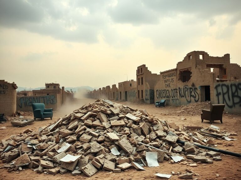 Flick International Desolate urban landscape showing remnants of demolished structures symbolizing ongoing conflict